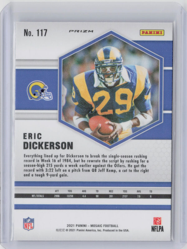 2021 Panini Mosaic Eric Dickerson No Huddle Prizm Silver #117 Rams - Image 3