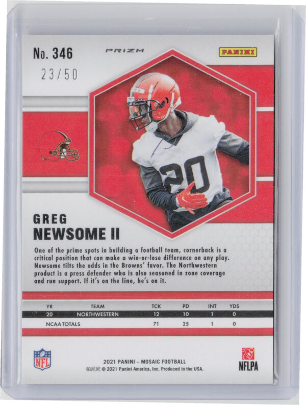 2021 Panini Mosaic Greg Newsome II No Huddle Prizm Purple SN50 #346 Browns - Image 3