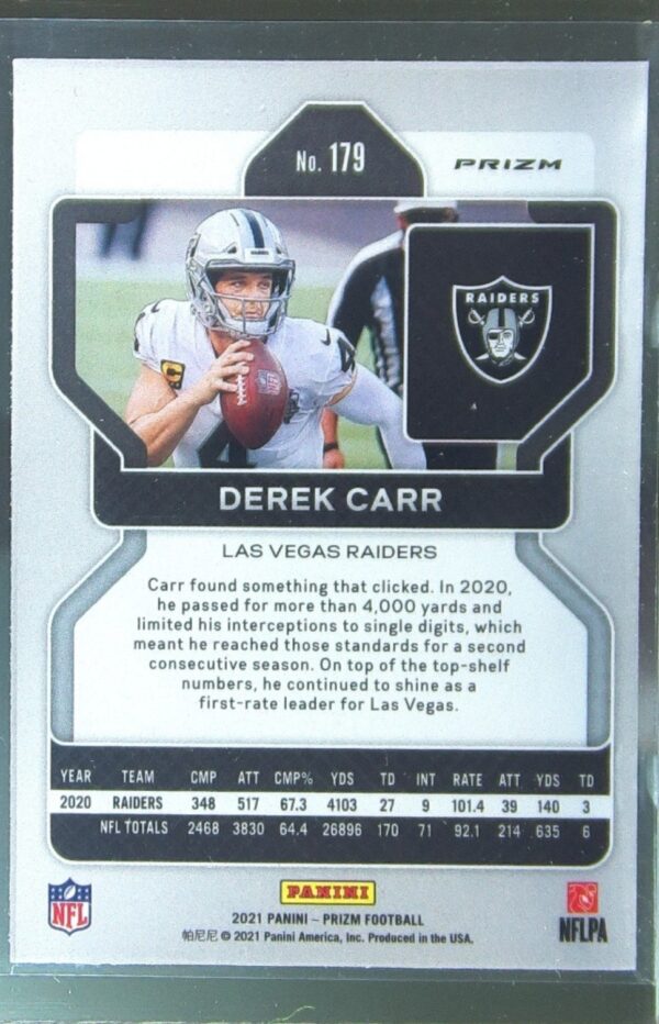 2021 Prizm Derek Carr Orange Lazer #179 Raiders - Image 3