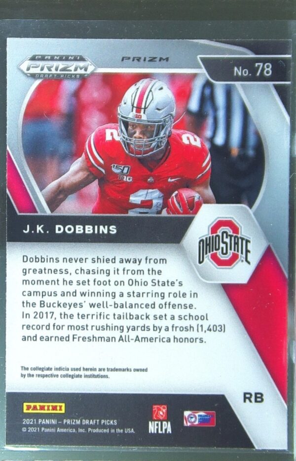 2021 Prizm Draft Picks J.K. Dobbins Red White and Blue #78 Buckeyes - Image 3