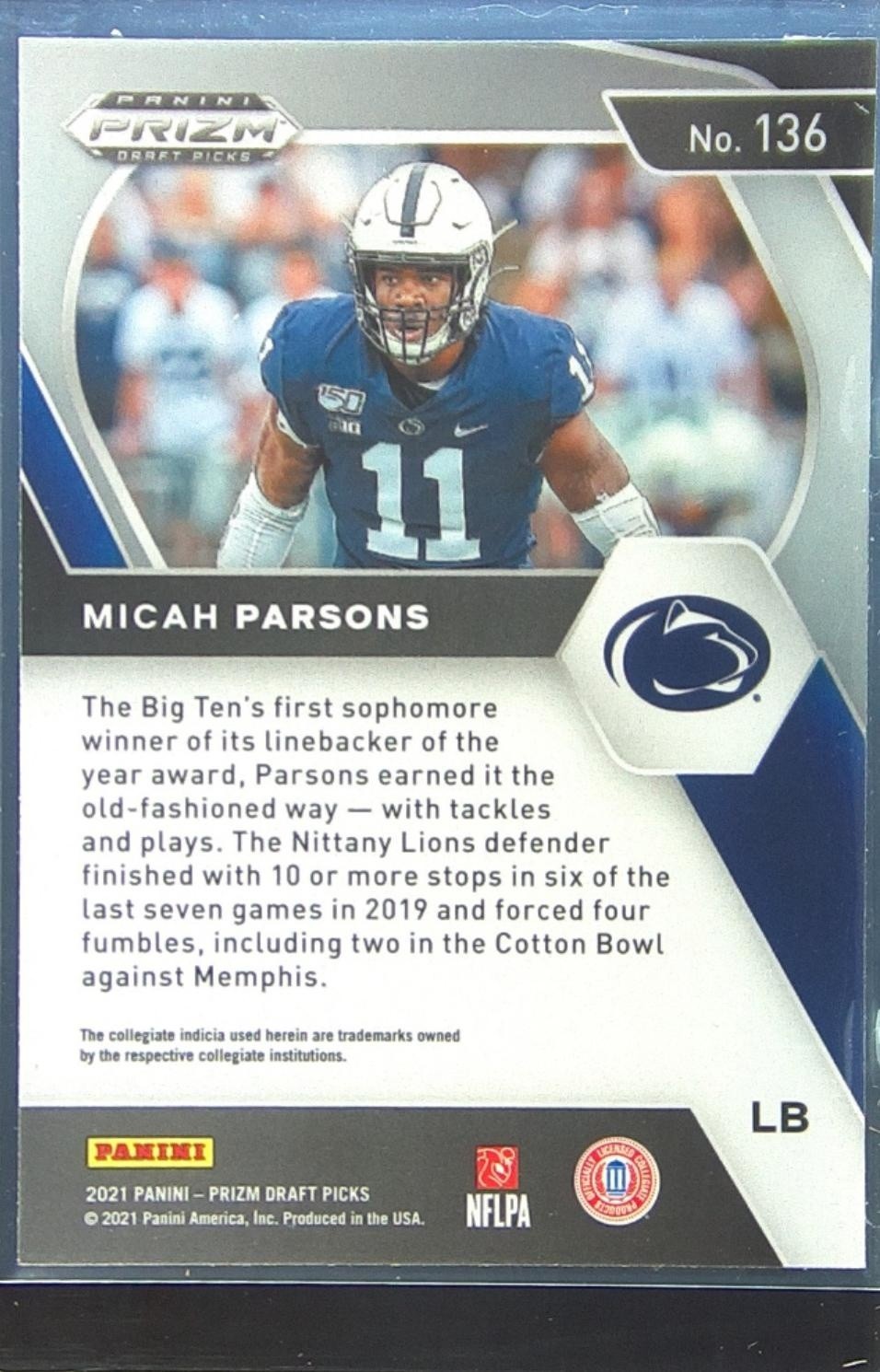 2021 Prizm Draft Picks Micah Parsons RC #136 Lions - Image 3