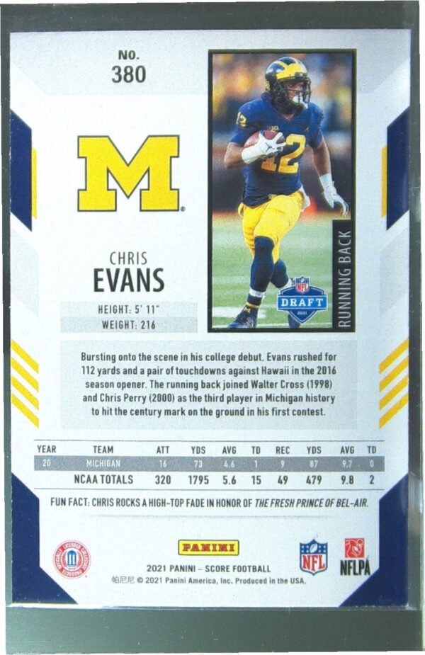 2021 Score Chris Evans Purple RC #380 Wolverines - Image 3