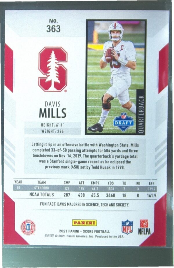 2021 Score Davis Mills RC #363 Cardinal - Image 3
