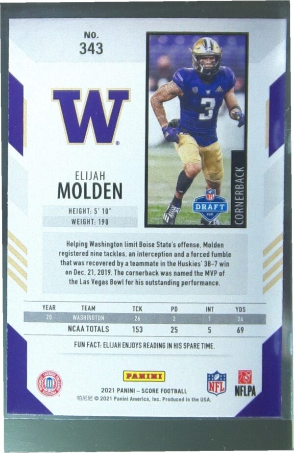 2021 Score Elijah Molden RC #343 Huskies - Image 3