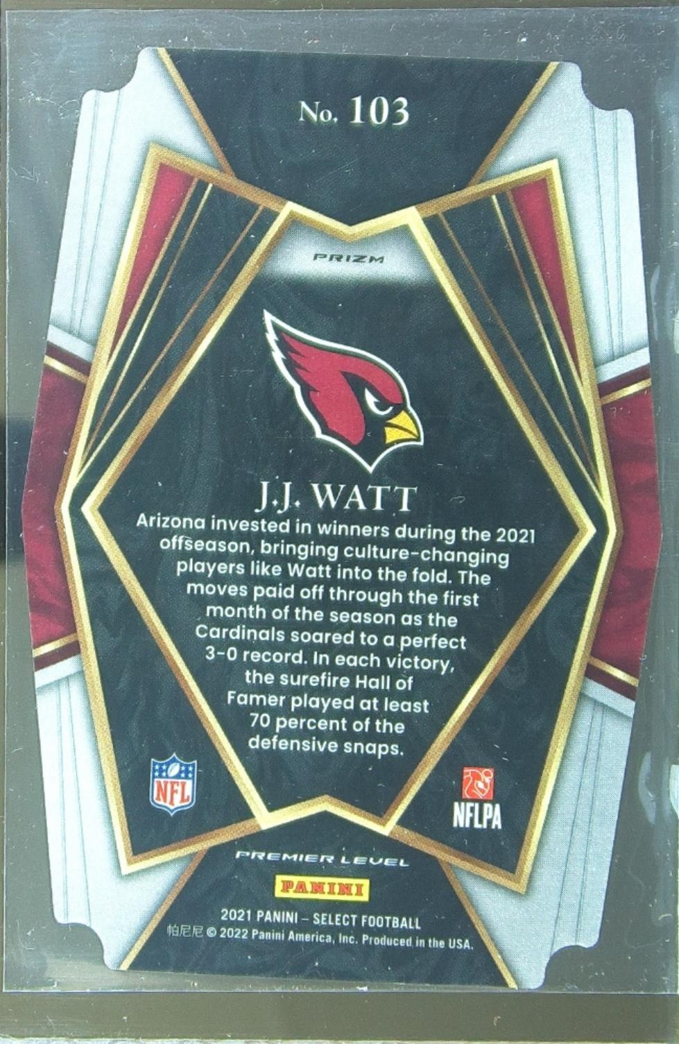 2021 Select J.J. Watt Silver Prizm Die Cut #103 Cardinals - Image 3