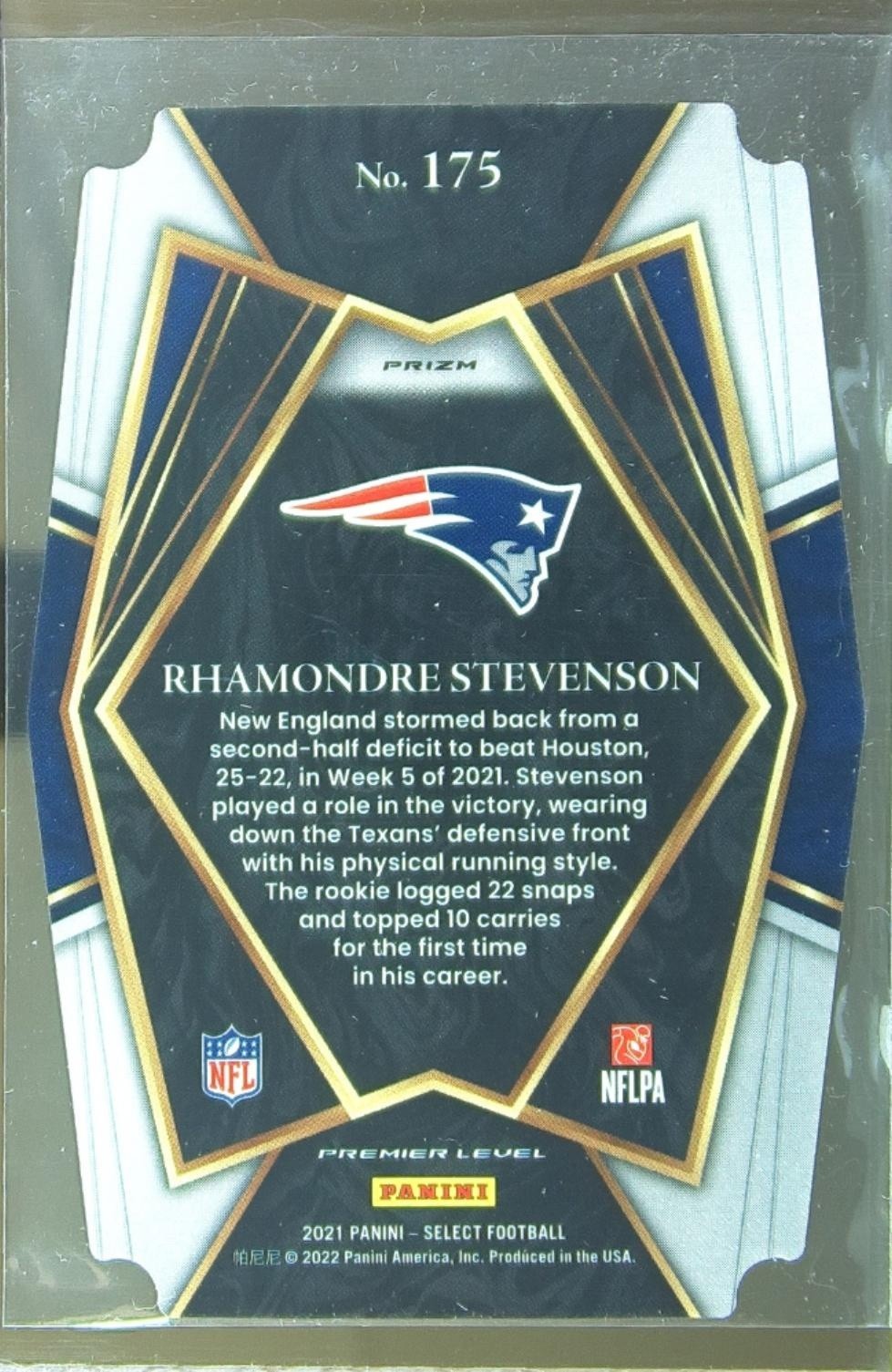 2021 Select Rhamondre Stevenson Green and Yellow Prizm Die Cut RC #175 Patriots - Image 3