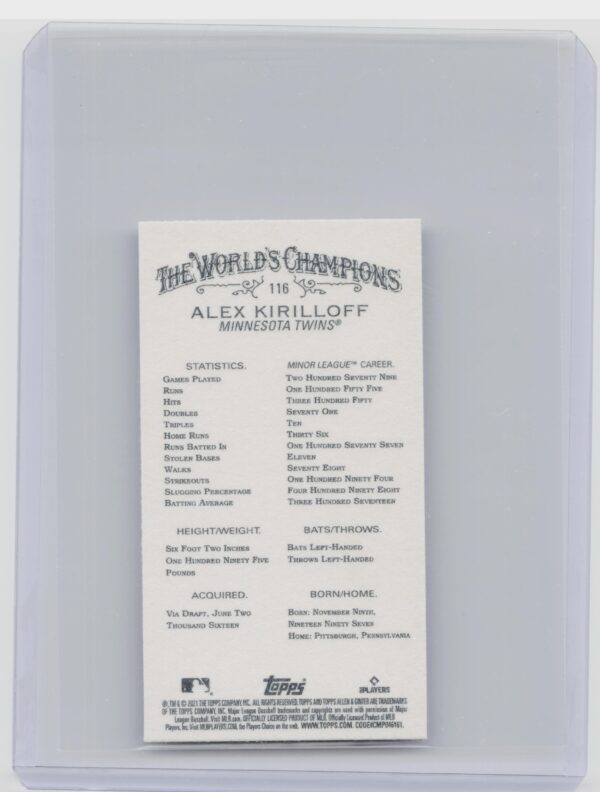 2021 Topps Allen & Ginter Alex Kirilloff Mini Black Border #116 Twins - Image 3