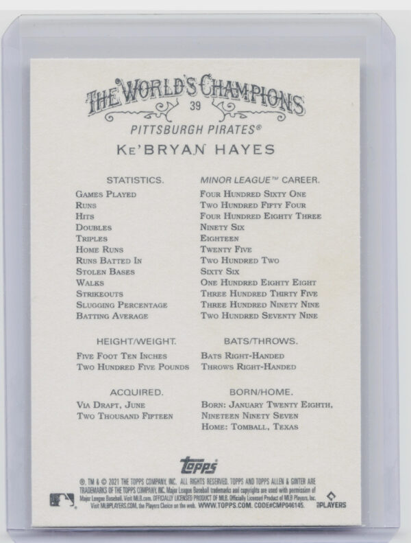 2021 Topps Allen & Ginter Ke'Bryan Hayes RC #39 Pirates - Image 3