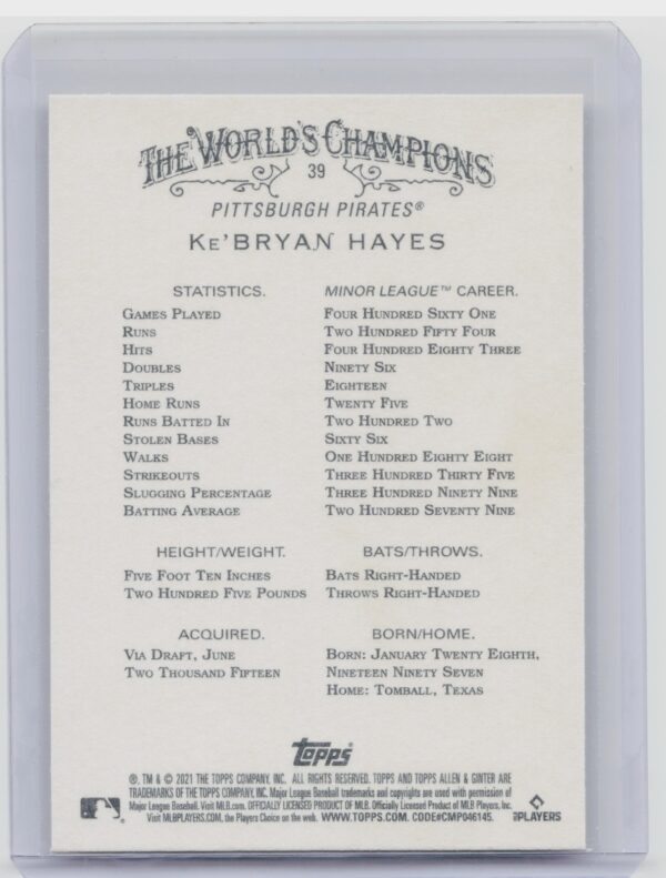 2021 Topps Allen & Ginter Ke'Bryan Hayes RC #39 Pirates - Image 3