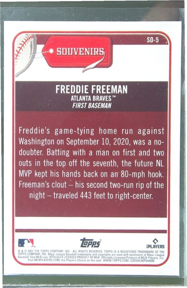 2021 Topps Big League Freddie Freeman #SO-5 Braves Souvenirs - Image 3