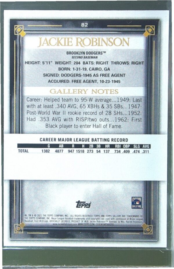 2021 Topps Gallery Jackie Robinson #82 Dodgers - Image 3