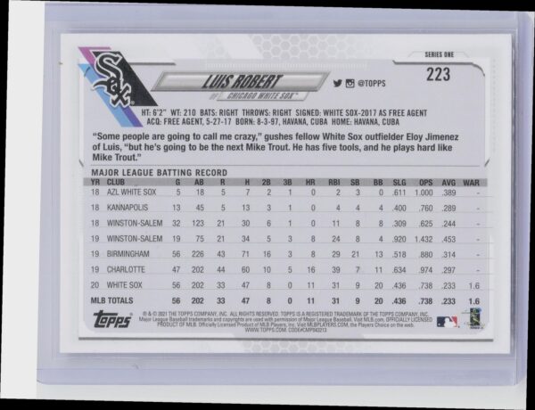 2021 Topps Luis Robert #223 White Sox - Image 3
