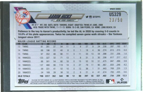 2021 Topps Update Aaron Hicks Mother's Day Hot Pink /50 #US329 Yankees - Image 3