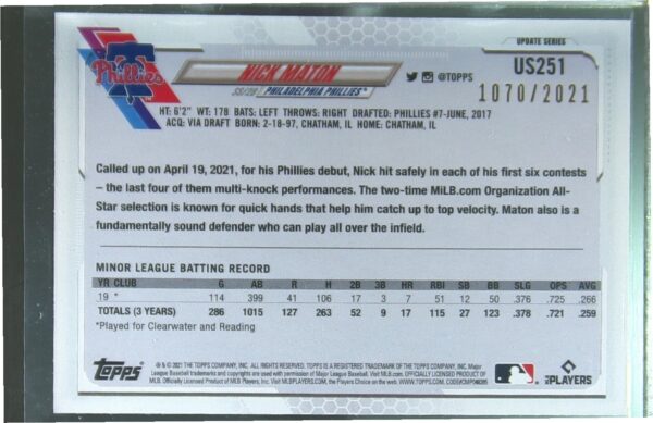 2021 Topps Update Nick Maton Gold /2021 RC #US251 Phillies - Image 3
