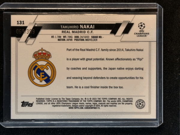 2022-23 Topps Chrome UEFA Takuhiro Nakai Neon Green X-fractor /399 Real Madrid # - Image 3