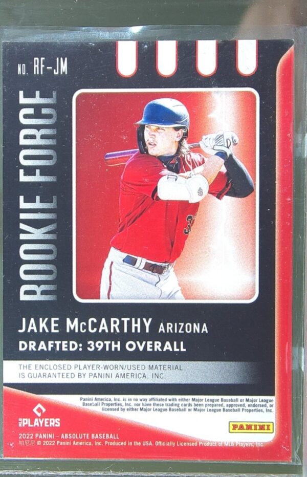 2022 Absolute Jake McCarthy JSY RC #RF-JM Diamondbacks Rookie Force Retail - Image 3