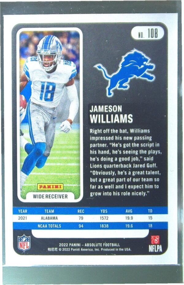2022 Absolute Jameson Williams Retail RC #108 Lions - Image 3