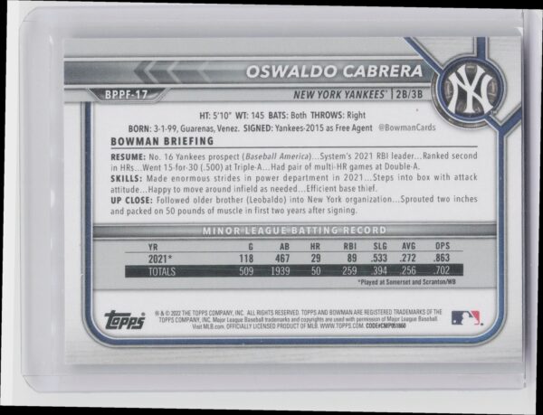 2022 Bowman 1st Edition Oswaldo Cabrera #BPPF-17 Yankees - Image 3