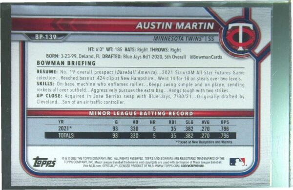 2022 Bowman Austin Martin /299 #BP-139 Twins Prospects Fuchsia - Image 3