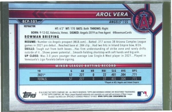 2022 Bowman Chrome Arol Vera /499 #BCP-101 Angels Chrome Prospects Refractor - Image 3