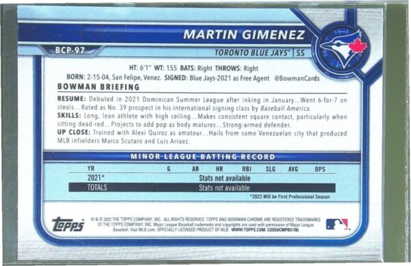2022 Bowman Chrome Martin Gimenez /399 #BCP-97 Jays Chrome Prospects Lava - Image 3