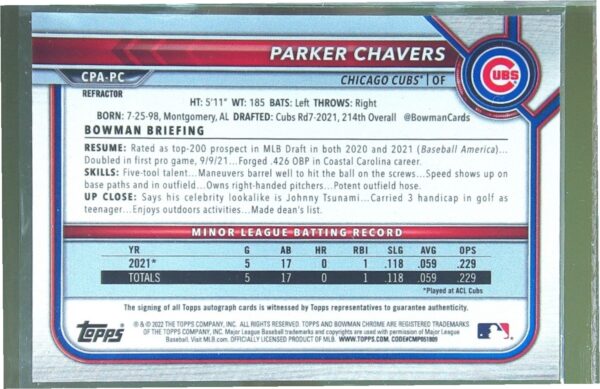 2022 Bowman Chrome Parker Chavers Auto /499 #CPA-PC Prospect Refractor Autograph - Image 3