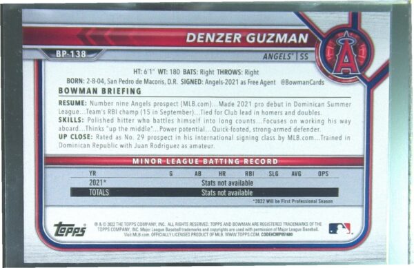 2022 Bowman Denzer Guzman /399 #BP-138 Angels Prospects Neon Green - Image 3