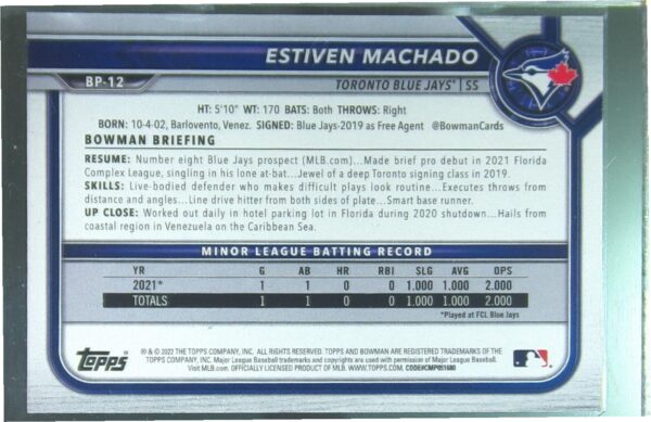 2022 Bowman Estiven Machado /99 #BP-12 Jays Prospects Green Pattern - Image 3