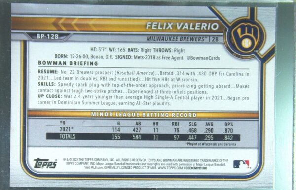 2022 Bowman Felix Valerio /499 #BP-128 Brewers Prospects Sky Blue - Image 3
