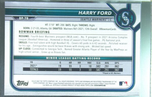 2022 Bowman Harry Ford /150 #BP-78 Mariners Prospects Blue - Image 3