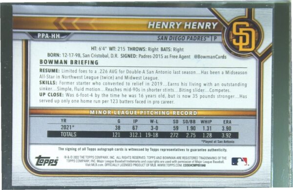 2022 Bowman Henry Henry Auto #PPA-HH Padres Prospects Autographs - Image 3