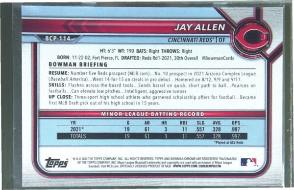 2022 Bowman Jay Allen /299 #BCP-114 Reds Chrome Prospects Speckle Refractors - Image 3