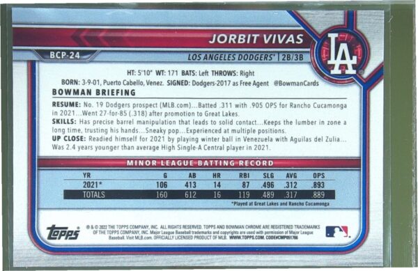 2022 Bowman Jorbit Vivas /250 #BCP-24 Dodgers Chrome Prospects Purple RayWave - Image 3
