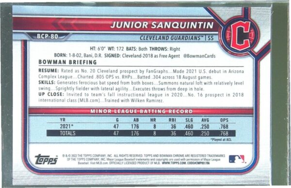 2022 Bowman Junior Sanquintin /199 #BCP-80 Chrome Prospects Fuchsia Refractor - Image 3
