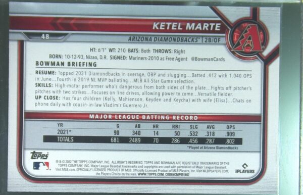 2022 Bowman Ketel Marte Neon Green /399 #48 Diamondbacks - Image 3