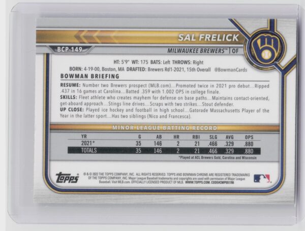 2022 Bowman Sal Frelick #BCP-149 Brewers Chrome Prospects - Image 3