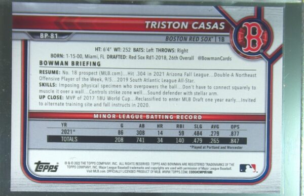 2022 Bowman Triston Casas /399 #BP-81 Sox Prospects Neon Green - Image 3