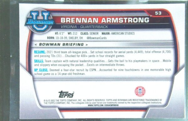 2022 Bowman University Chrome Brennan Armstrong Pink Refractor #53 Cavaliers - Image 3