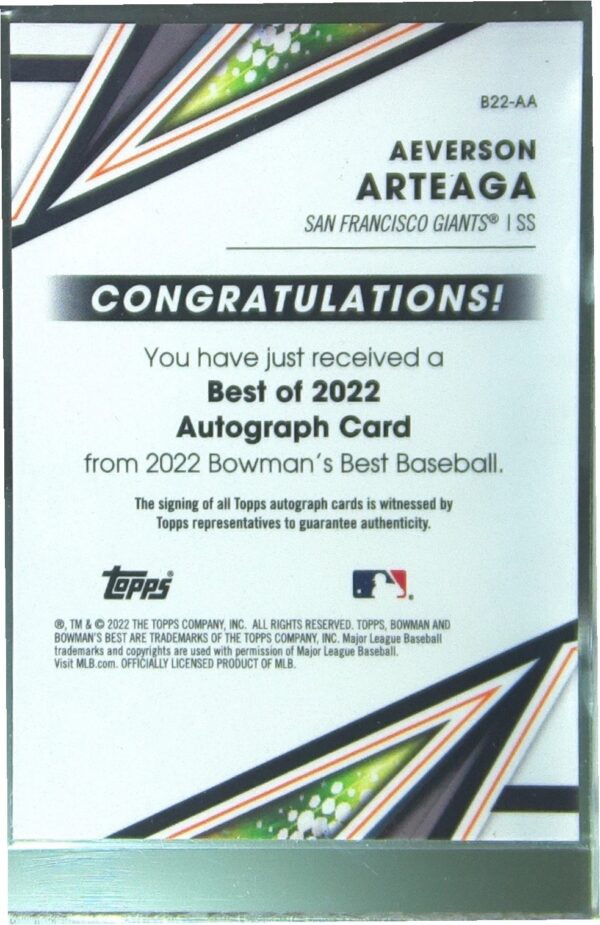 2022 Bowman's Best Aeverson Arteaga Auto #B22-AA Giants Best of 2022 Autographs - Image 3