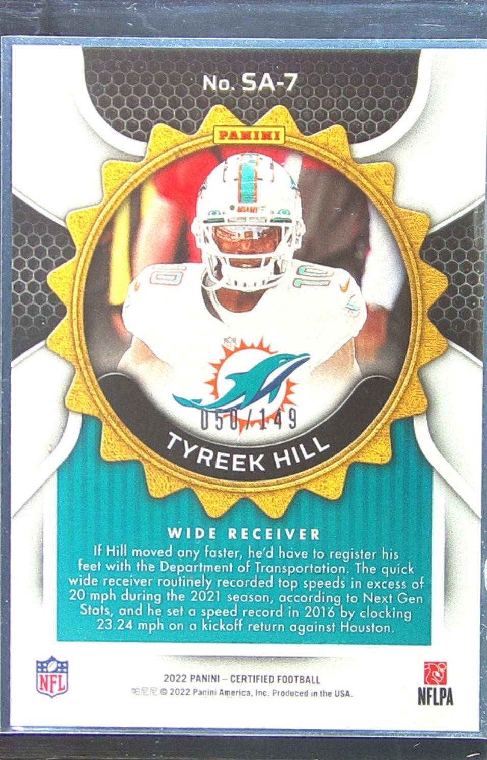2022 Certified Tyreek Hill /149 #SA-7 Dolphins Seal of Approval Mirror Orange - Image 3