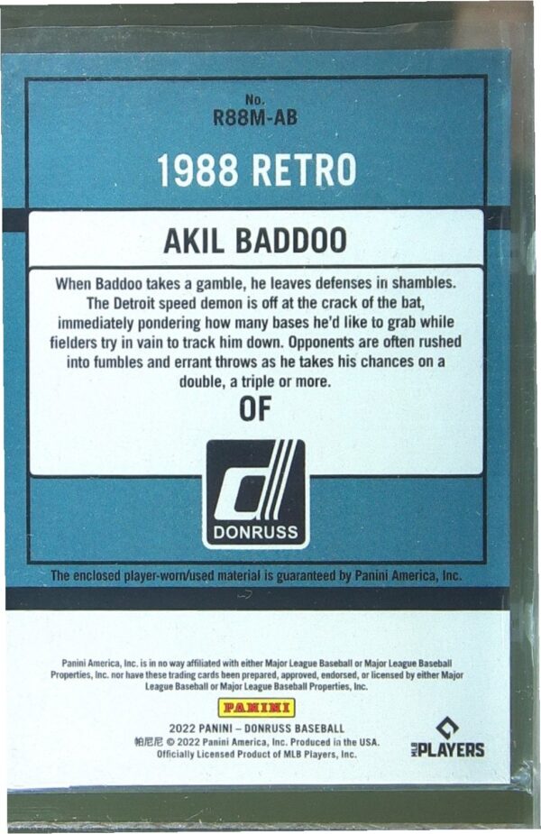 2022 Donruss Akil Baddoo JSY #R88M-AB Tigers Retro 1988 Materials - Image 3