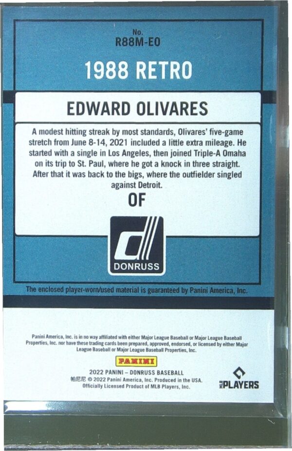 2022 Donruss Edward Olivares JSY #R88M-EO Royals Retro 1988 Materials - Image 3