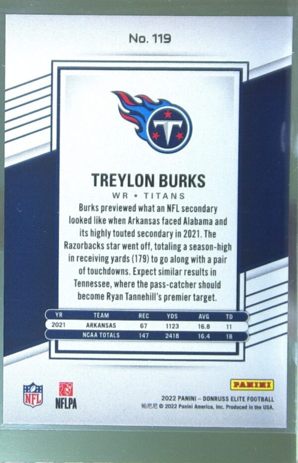 2022 Donruss Elite Treylon Burks Aspirations Shimmer /499 RC #119 Titans - Image 3