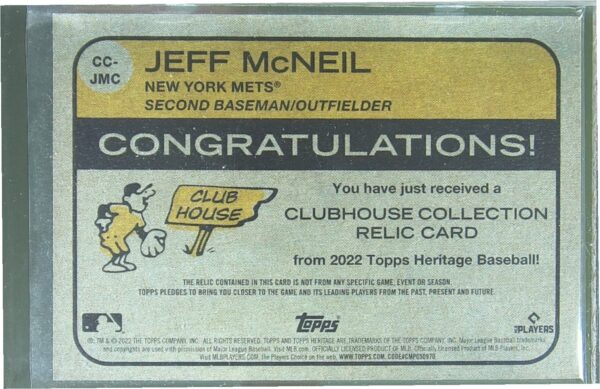 2022 Heritage Jeff McNeil JSY #CC-JMC Mets Clubhouse Collection Relics - Image 3