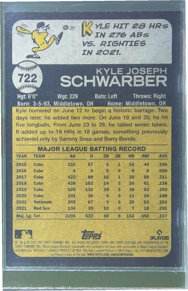 2022 Heritage Kyle Schwarber SP #722 Phillies - Image 3