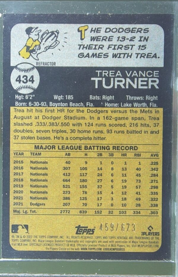 2022 Heritage Trea Turner Chrome Refractor /673 #434 Dodgers - Image 3