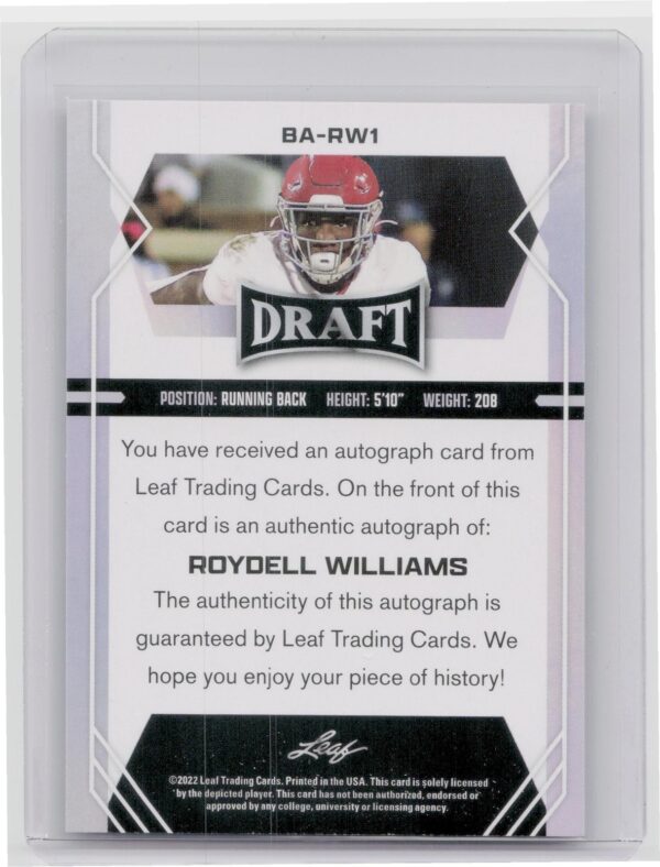 2022 Leaf Draft Roydell Williams Auto #BA-RW1 Tide Autographs - Image 3