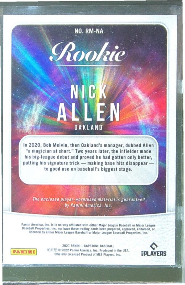 2022 Panini Capstone Nick Allen JSY RC #RM-NA Athletics Rookie Materials - Image 3