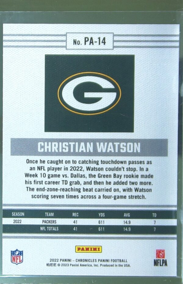 2022 Panini Chronicles Christian Watson RC #PA-14 Packers Panini - Image 3