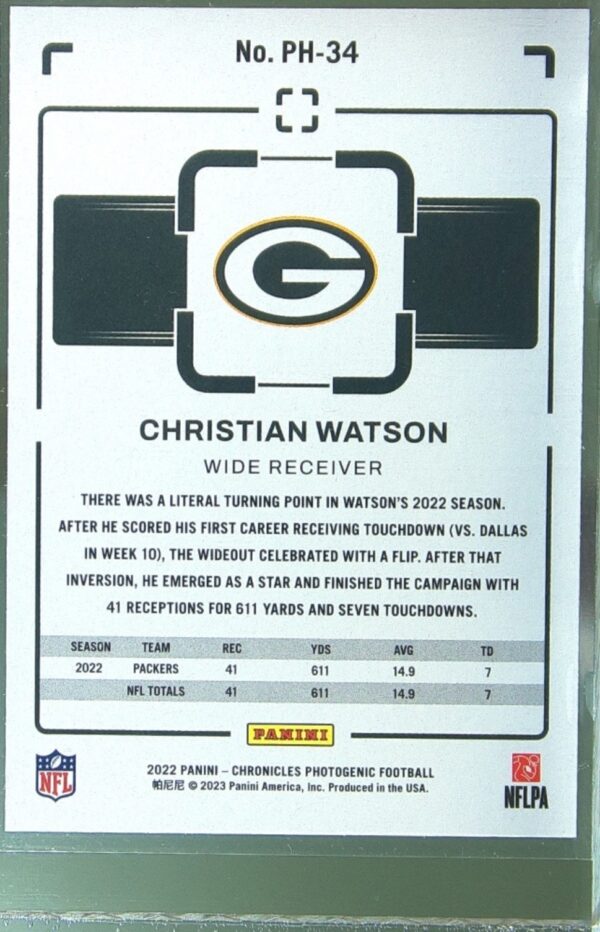 2022 Panini Chronicles Christian Watson RC #PH-34 Packers Photogenic Teal - Image 3